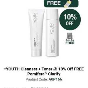 YOUTH CLEANSER + TONER @ 10% OFF FREE POMIFERA CLARIFY